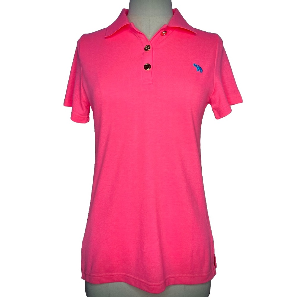 Tracy Negoshian Stretch Neon Pink Polo Shirt Size XS Logo Gold Button Preppy Top